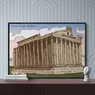 Framed illustration of the Bacchus Temple in Baalbek on a shelf against a decorative wall. Lebanese posters