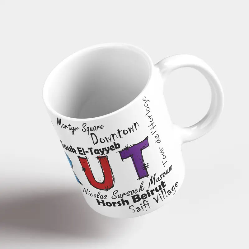 Beirut mug calligraphy with colorful text and graphics on a white left side, Lebanese coffee mug