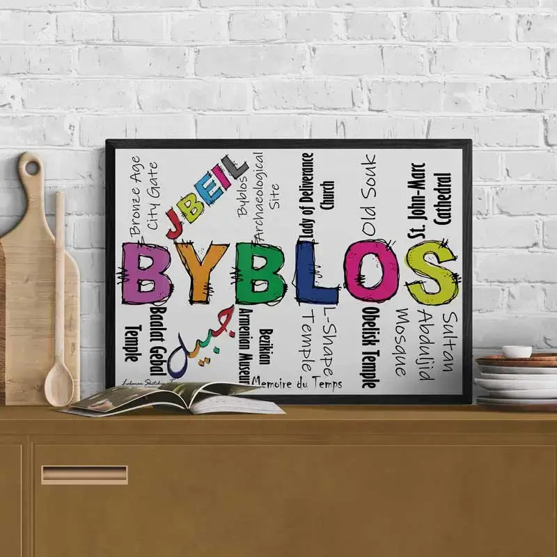 Byblos Calligraphy Artwork with Jbeil landmarks in form of words. Lebanon posters, Byblos Print 1