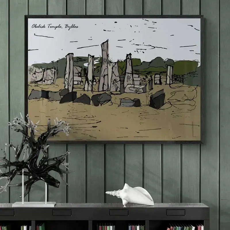 Lebanese poster of an obelisk temple in Byblos as historical print in landscape format