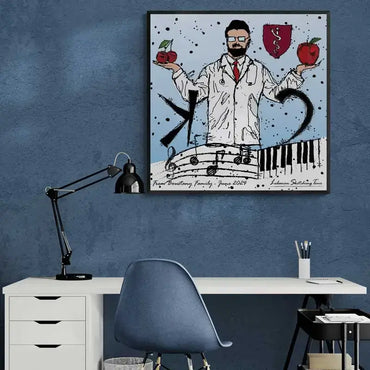 A Customized poster for a future doctor holding the apples of his village Baskinta on one hand and on the other cherries of his home garden in square format