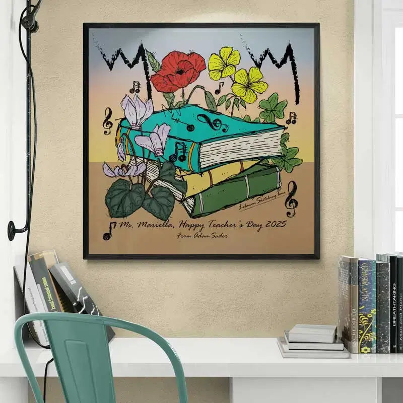 Custom made poster of Teacher's Day gift with stacked books and Lebanese flowers as a background and the teacher's initials in Phoenician letter. Lebanese poster in square format