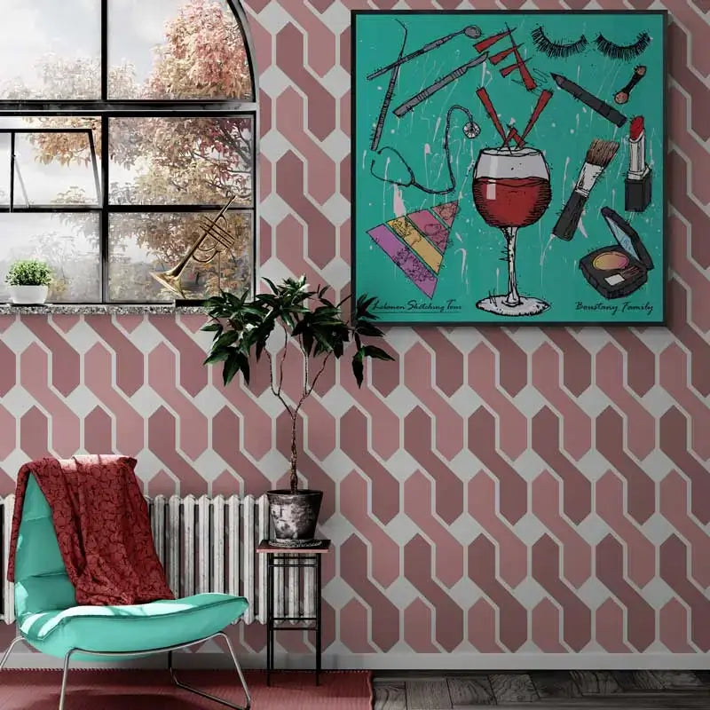 A personalized poster for a makeup artist, showing a glass of whine, beauty tools and her kids careers (nutrition, doctor, sergeant). A customized gift idea.