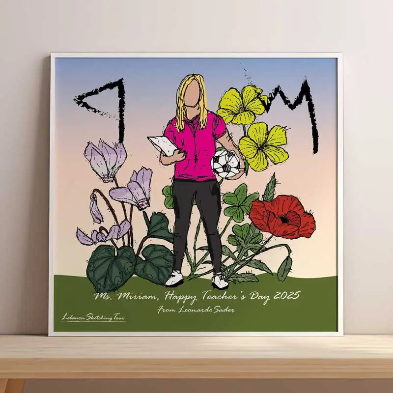 Framed illustration of the female sport teachers holding a ball and a chart with Lebanese flowers blooming on the background and her initials in Phoenician letters