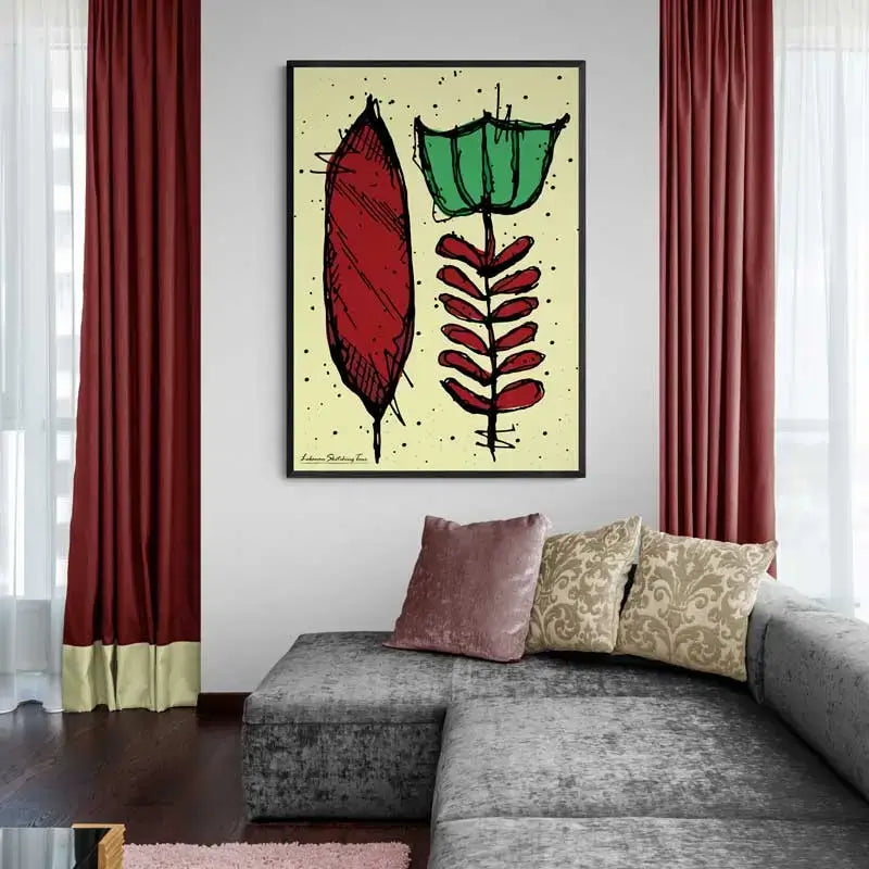 Framed Lebanese coffee print symbol in red and green and pastel yellow background. Lebanese coffee portrait poster