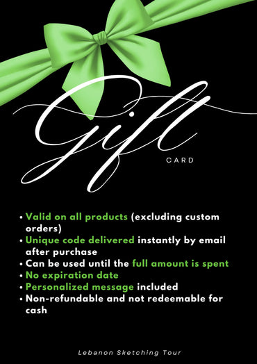 Lebanese gift card with a green bow on a black background, featuring text about the gift card's features.