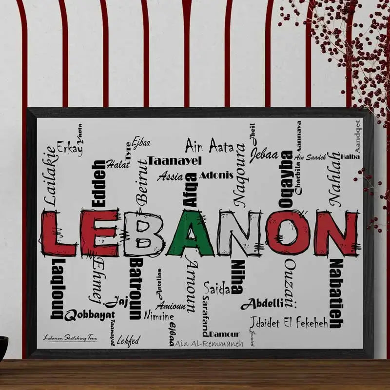 Lebanese calligraphy poster of Lebanon's cities and villages in words. Lebanon poster landscape format 1