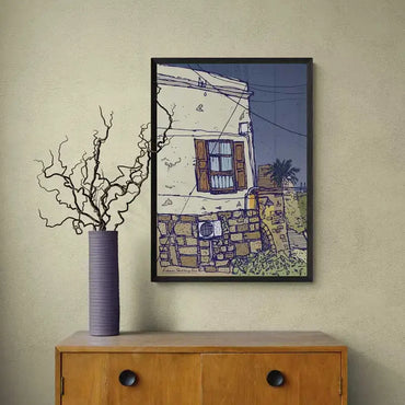 A Lebanese stone house as a ground floor and its upper floor is made of plaster finishing, with an AC unit hanged on the wall and 3 streets lamps from different times that light up the streets. Lebanese Urban Poster - Byblos (portrait format)