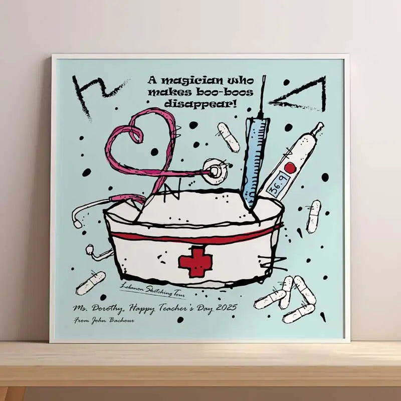 Framed nurse poster for a nurse as a gift with the nurse hat and red cross, with a needle and pills on a light blue background with her initials in Phoenician letters