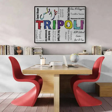 Dining area with red chairs, wooden table, and a colorful 'TRIPOLI' artwork on the wall. with its landmarks written in different fonts.