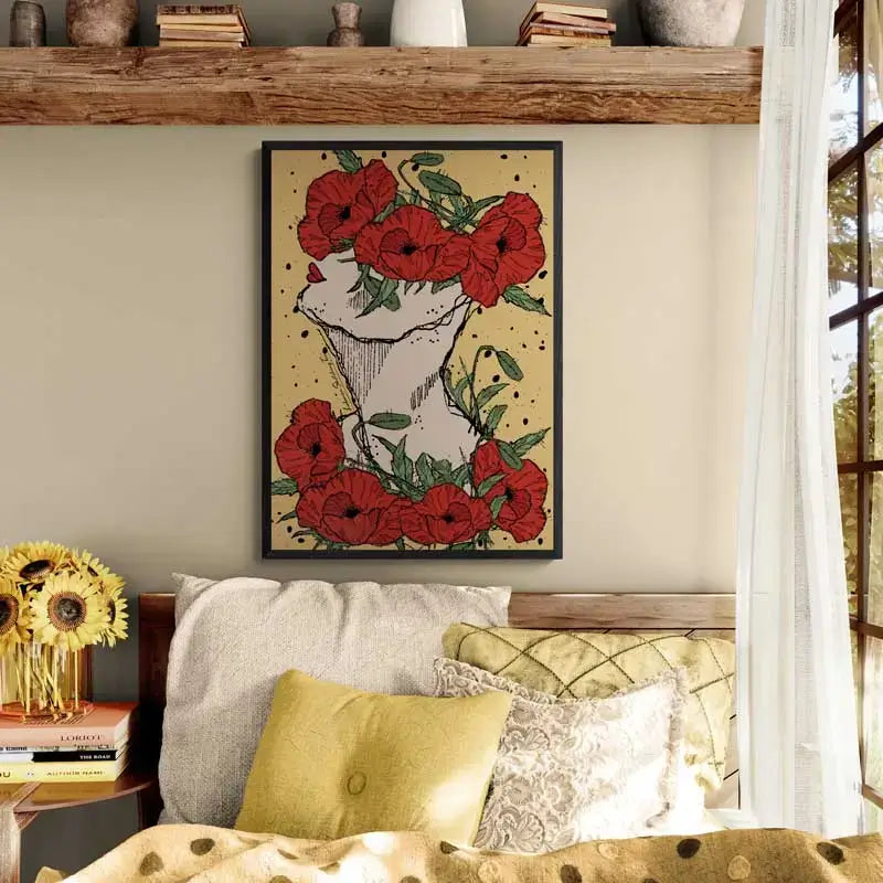 Red Poppy flowers on a Lebanese woman head and chest in yellow background. Lebanese poster of floral collection in portrait format