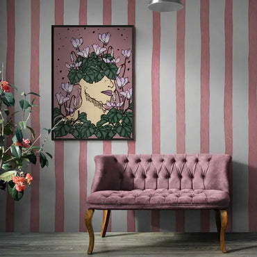 Lebanese poster of the cyclamen with a woman in portrait in pink background. Lebanese floral poster portrait format