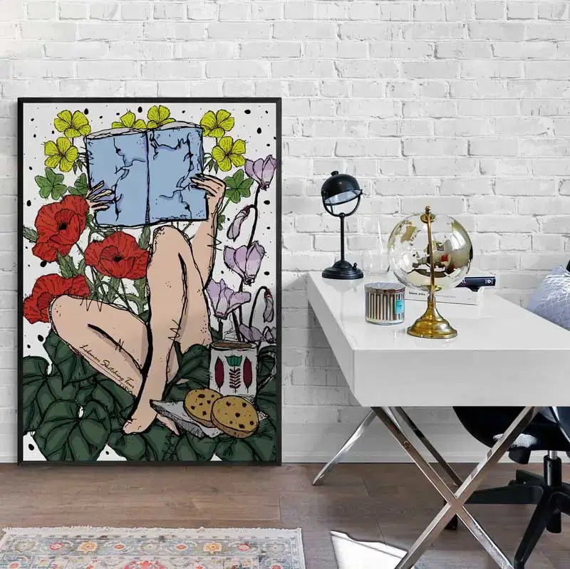 A Lebanese poster of a woman sitting on the floor, reading a book, with coffee and cookies next to her. on the background a collection of Lebanese flowers that bloom only in spring. Lebanese floral wall art in portrait format