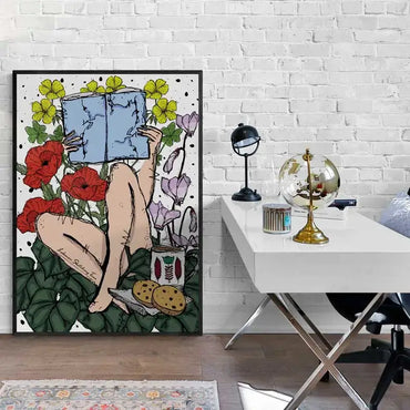 A Lebanese poster of a woman sitting on the floor, reading a book, with coffee and cookies next to her. on the background a collection of Lebanese flowers that bloom only in spring. Lebanese floral wall art in portrait format
