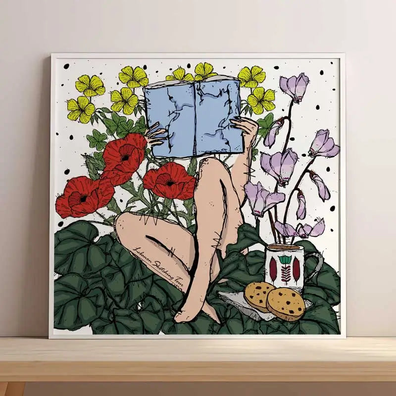 A Lebanese poster of a woman sitting on the floor, reading a book, with coffee and cookies next to her. on the background a collection of Lebanese flowers that bloom only in spring. Lebanese floral wall art in square format