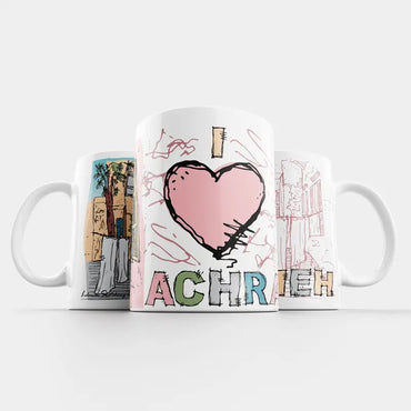 Laundry line sketched and sublimated on a mug. Pink Lebanese mug, Beirut coffee mug, I love Achrafieh mug