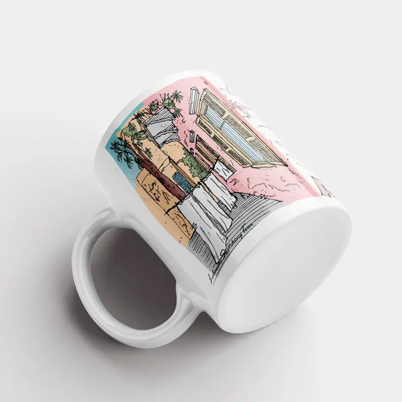 Laundry line sketched and sublimated on a mug. Pink Lebanese mug, Beirut coffee mug