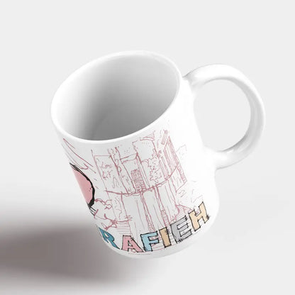 Laundry line sketched and sublimated on a mug. Pink Lebanese mug, Beirut coffee mug