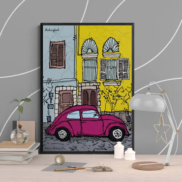 Achrafieh colorful vibrant facades in yellow and blue with a purlpe car in front, sketch poster in portrait format