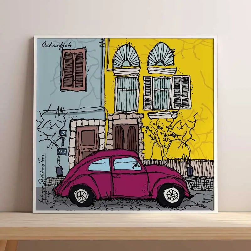 Beirut framed artwork of a sketch of a purple car parked in front of a yellow building with arched windows