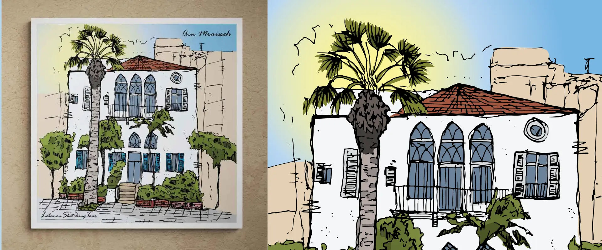 Two illustrations of a building with palm trees and architectural details of the iconic Ain Mraisseh white house.