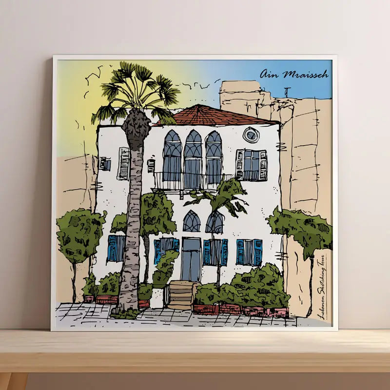 Framed artwork of Beirut Poster Collection,  a sketch of a white house in Beirut with a palm tree on the front - Beirut wall art
