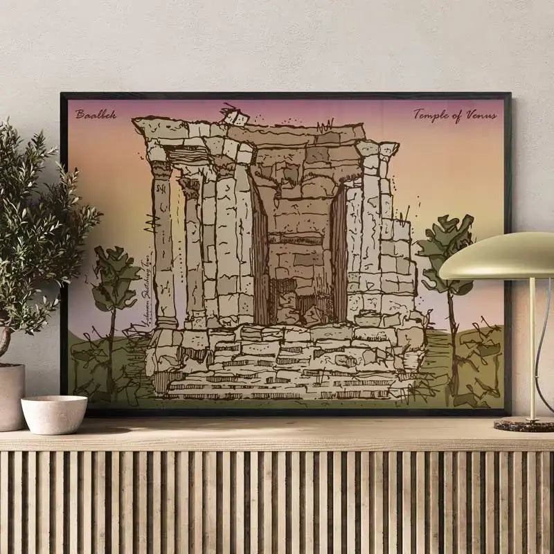 Lebanese Heritage poster of Venus Temple in Baalbek on the sunset in landscape format Lebanese poster.