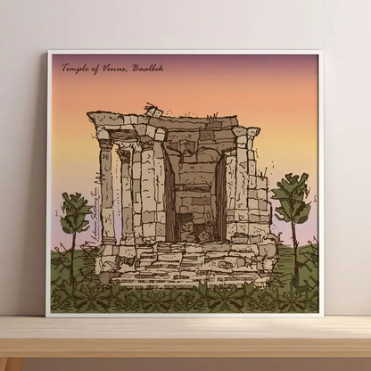 Lebanese Heritage poster of Venus Temple in Baalbek on the sunset in square format Lebanese poster.