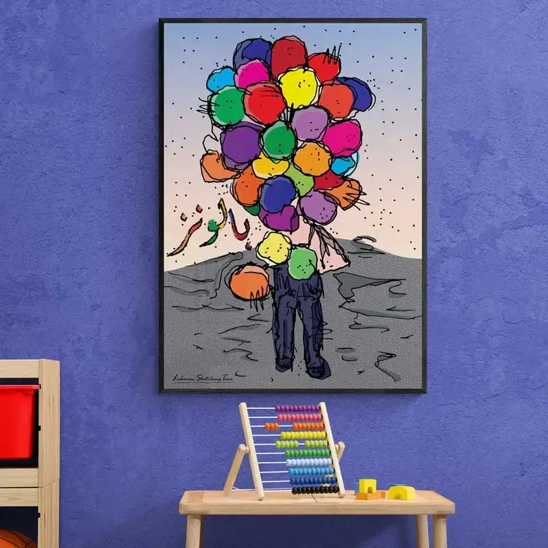 Lebanese Street poster collection of a balloon vendor holding lots of balloons. Lebanese poster portrait format