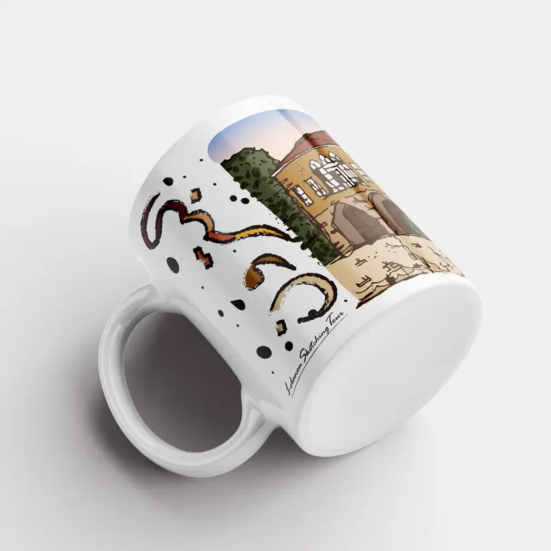 Lebanese mug of Batroun Yellow house, and the word Batroun in Arabic calligraphy mug 