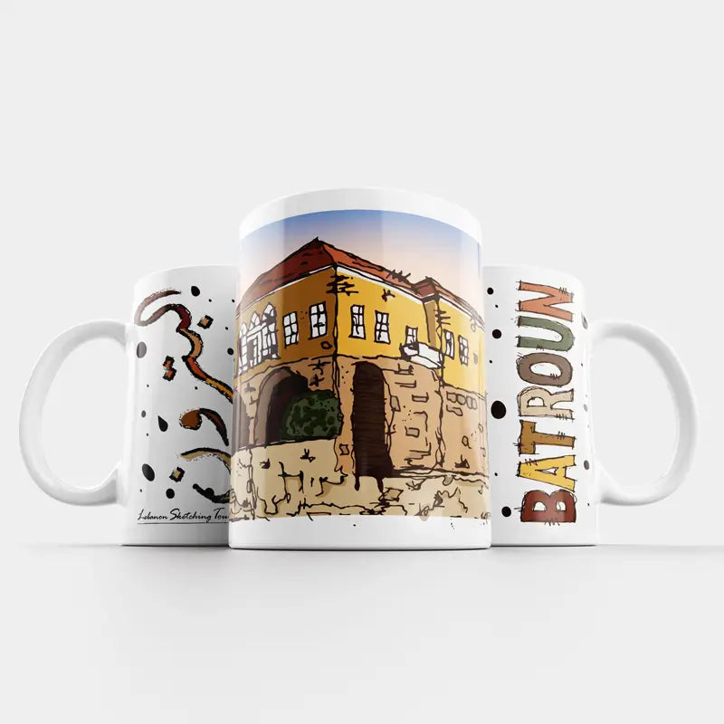 Lebanese mug of Batroun Yellow house, and the word Batroun in Arabic calligraphy mug and Latin calligraphy mug