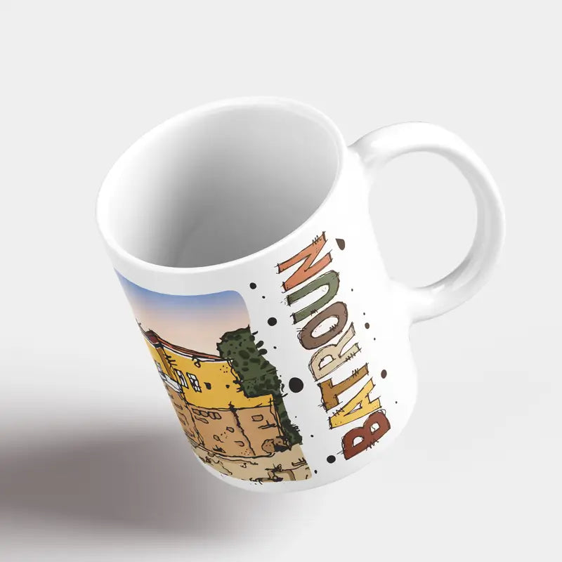 Lebanese mug of Batroun Yellow house, and the word Batroun in Latin calligraphy mug