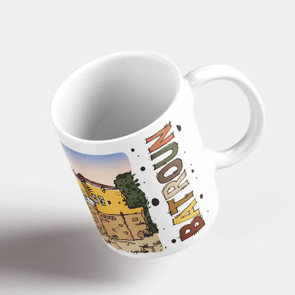 Lebanese mug of Batroun Yellow house, and the word Batroun in Latin calligraphy mug