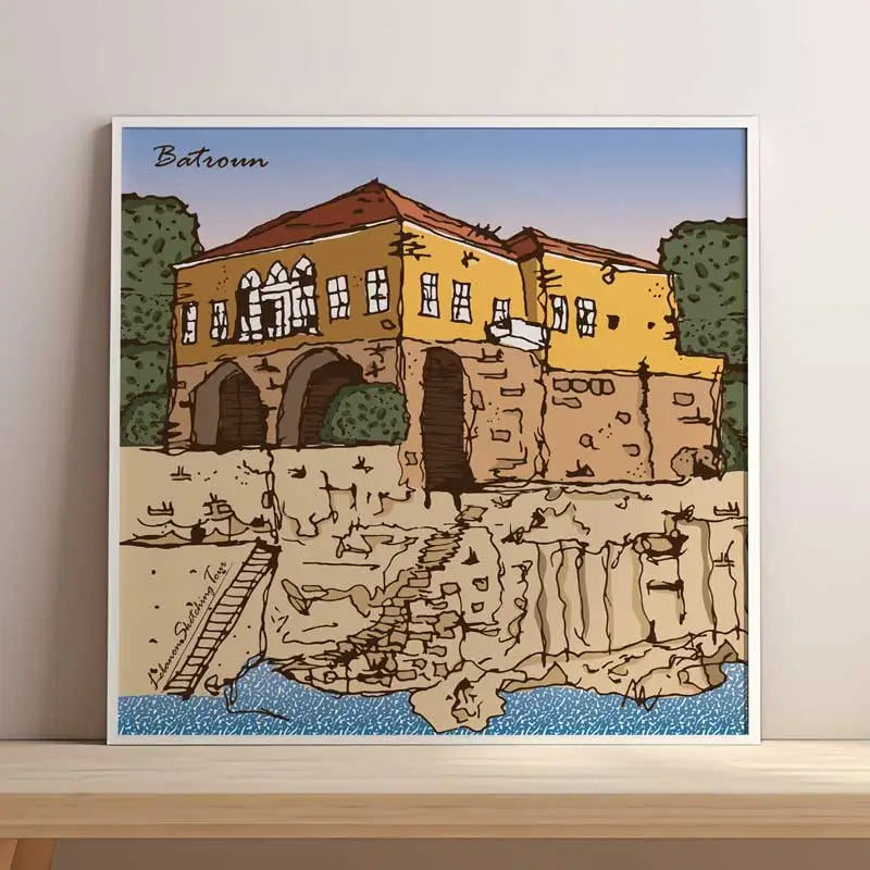 Batroun yellow house poster in square format. Lebanese urban poster collection. Lebanese prints
