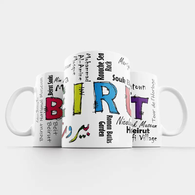 Beirut ceramic mug with colorful texts and locations, perfect gift as Lebanese mug