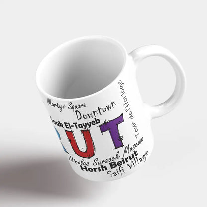 Beirut mug calligraphy with colorful text and graphics on a white left side, Lebanese coffee mug