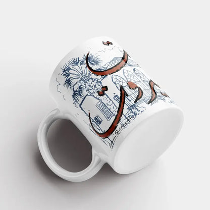 White mug with blue stroke of the Lebanese iconic house in Beirut, emphasizing the 3 arches facade and a palm tree.