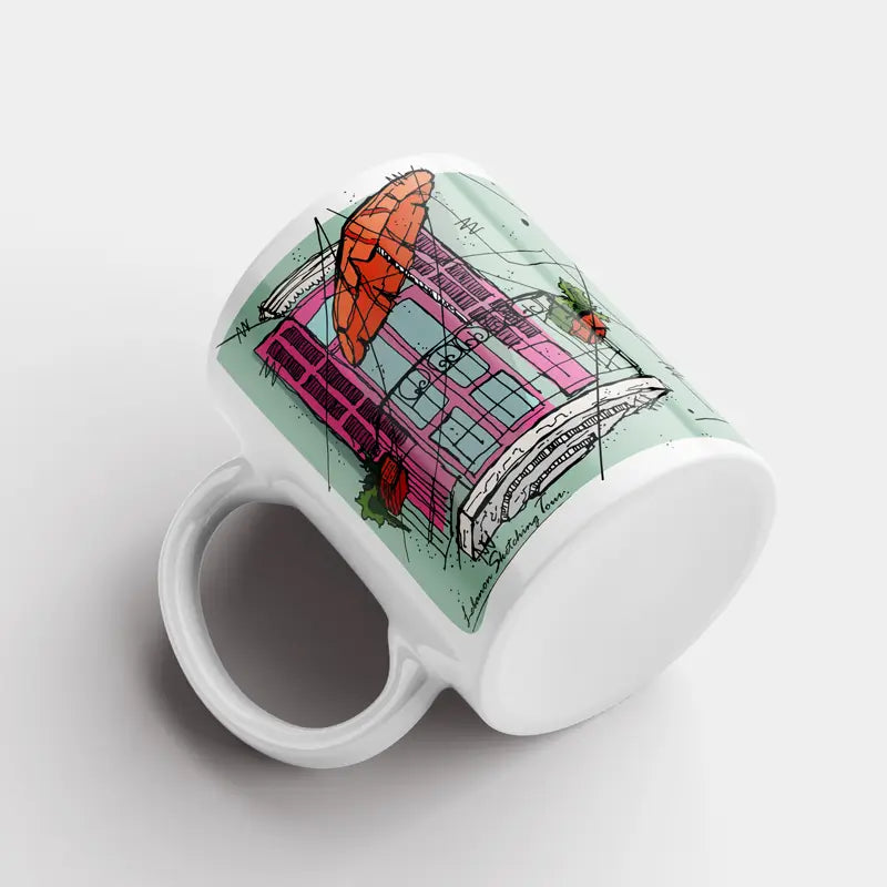 Green Lebanese mug with a balcony sketched and an orange umbrella with wires all over the place