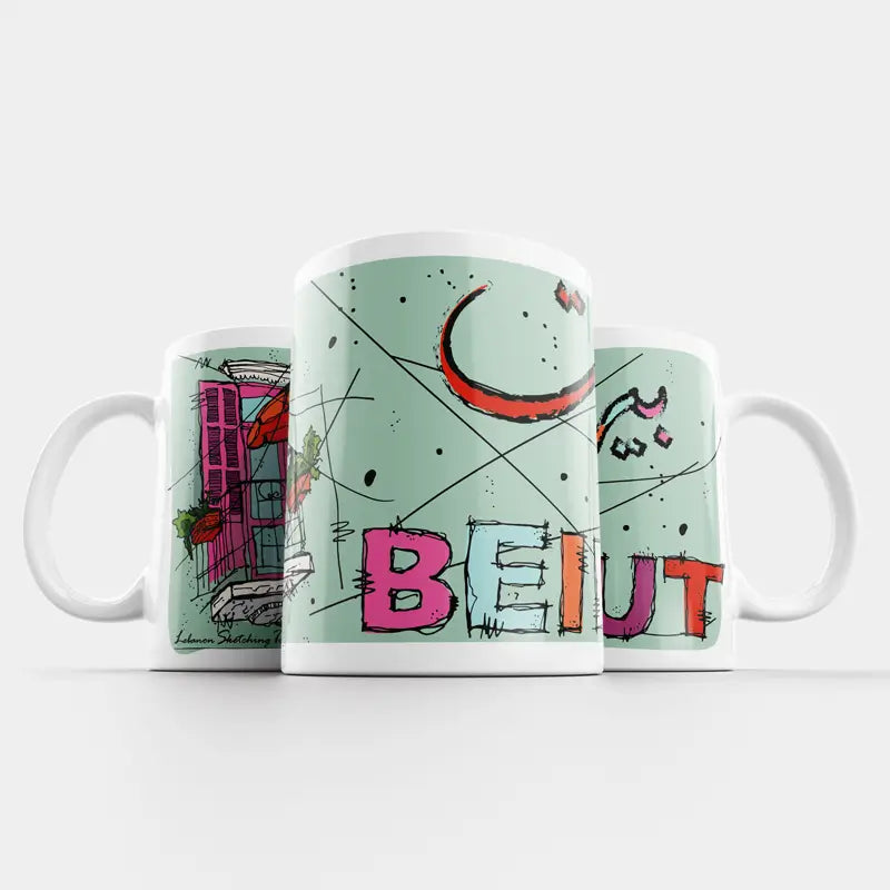 Green Lebanese mug with a balcony sketched and an orange umbrella with wires all over the place and the word Beirut in Arabic and Latin. Perfect for Lebanese mug gift for locals and diaspora.