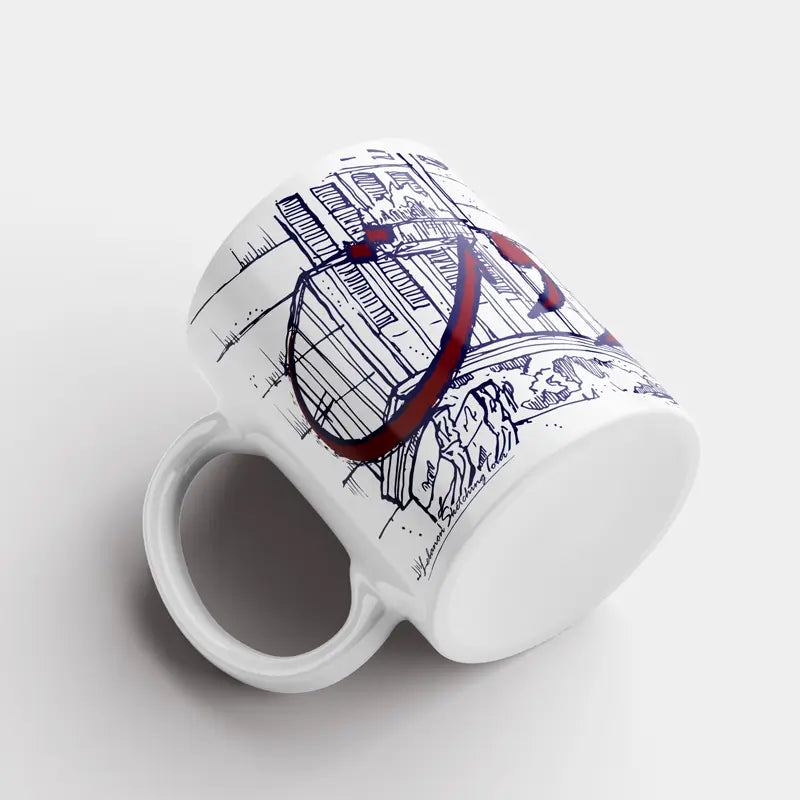 Beirut mug with a balcony in pink, as a Lebanese mug reflecting the city of Beirut in blue strokes