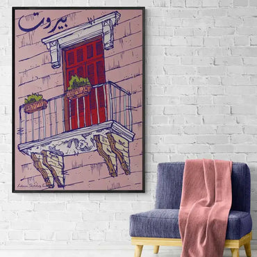 Beirut pink balcony sketch print in a portrait format frame - Lebanese poster