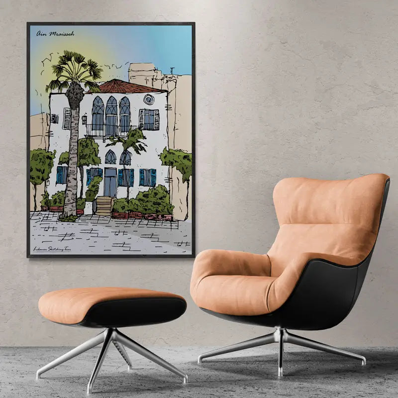 Framed artwork of Beirut Poster Collection,  a sketch of a white house in Beirut with a palm tree on the front - Beirut wall art