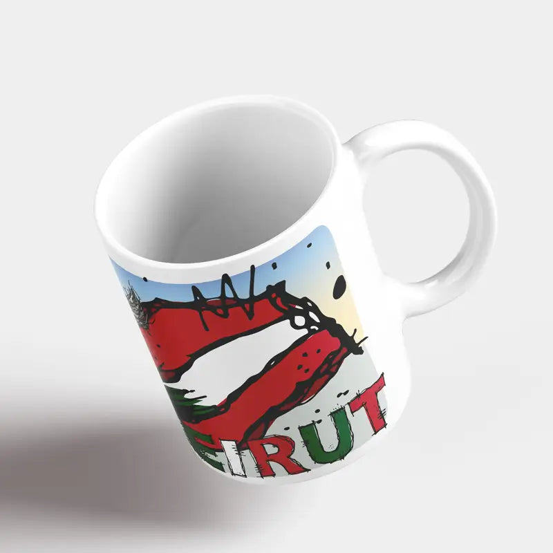 Beirut mug with the Lady of the port and the Lebanese flag behind. Lebanese coffee gift cup.