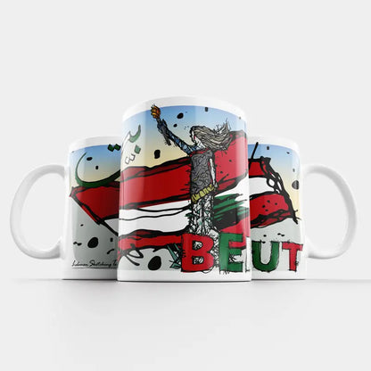 Beirut mug with the Lady of the port and the Lebanese flag behind. Lebanese coffee gift mug.