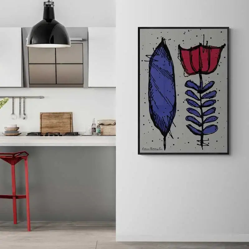 Lebanese coffee flower poster in blue and red on a grey background. Lebanese print in portrait format