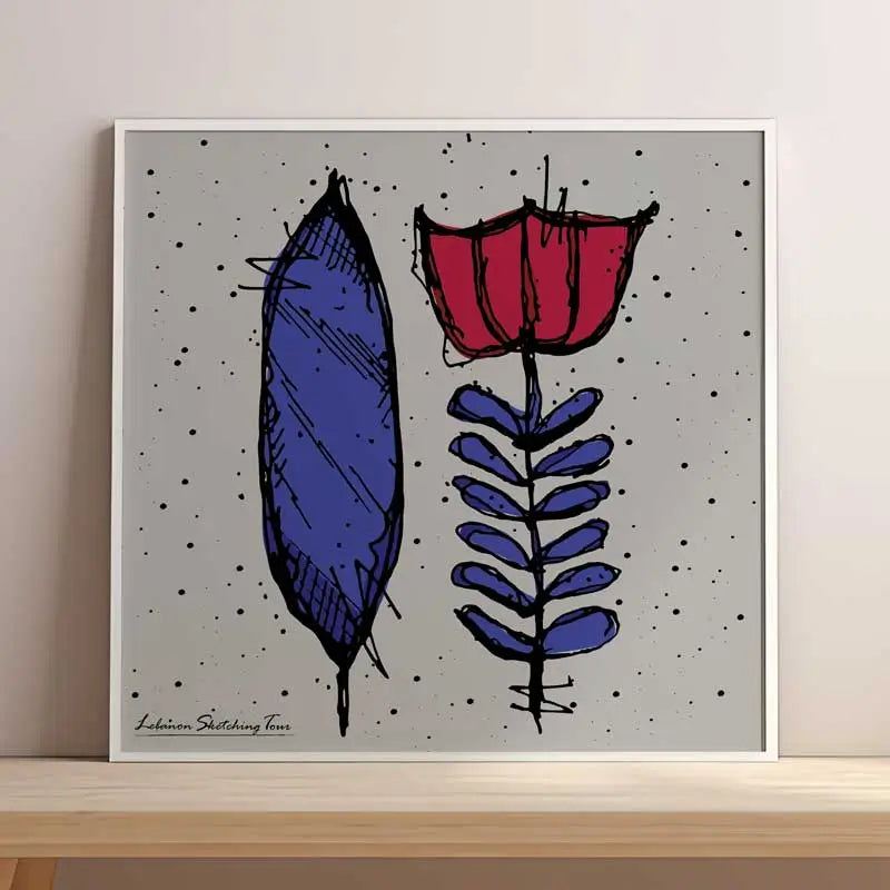 Lebanese coffee flower poster in blue and red on a grey background. Lebanese print in square format