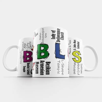 Three mugs with various text designs on a white background