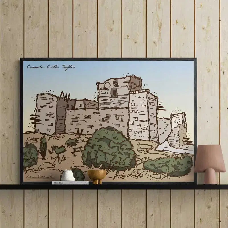 Lebanese heritage poster of Crusader Castle, Byblos on a wooden shelf in landscape format.