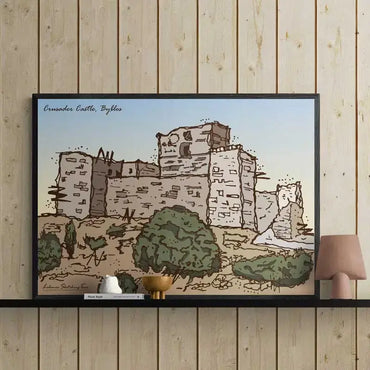 Lebanese heritage poster of Crusader Castle, Byblos on a wooden shelf in landscape format.