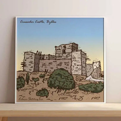 Lebanese heritage poster of Crusader Castle, Byblos on a wooden shelf in square format.
